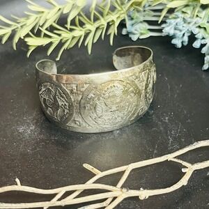 Vintage Silver Tone Cuff Bracelet | Etched Medallion Wide Bangle | Boho